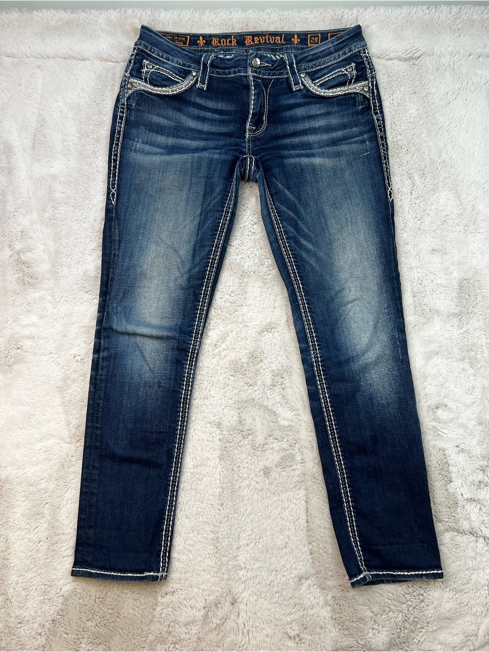 Rock Revival Jeans Low Rise Mei Ankle Skinny Size 29 Fit Dark Wash Blue Bling